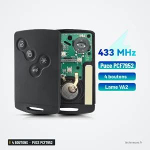 Carte-clé télécommande 4 boutons pour Renault Megane, Clio, puce PCF7952 - carte-clé ouverte, pile et lame visibles