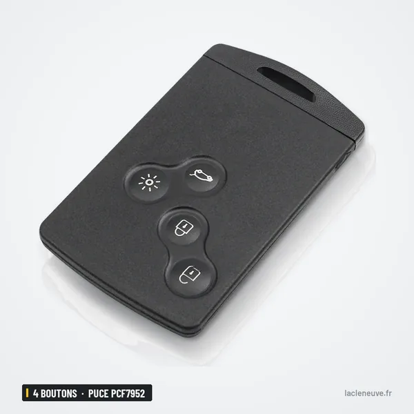 Carte-clé télécommande 4 boutons pour Renault Megane, Clio, puce PCF7952 - carte-clé vue de face, boutons visibles