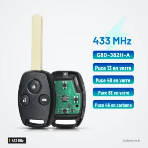 Clé à distance 433 MHz pour Honda CR-V, HR-V, Civic, Accord, puce ID46 - clé complète avec fiche technique