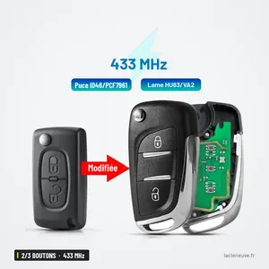 Clé pliante 2/3 boutons 433 MHz pour Citroën C2, C4, Peugeot 207, puce ID46 - comparaison avant et après transformation
