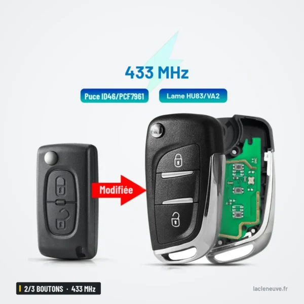 Clé pliante 2/3 boutons 433 MHz pour Citroën C2, C4, Peugeot 207, puce ID46 - comparaison avant et après transformation