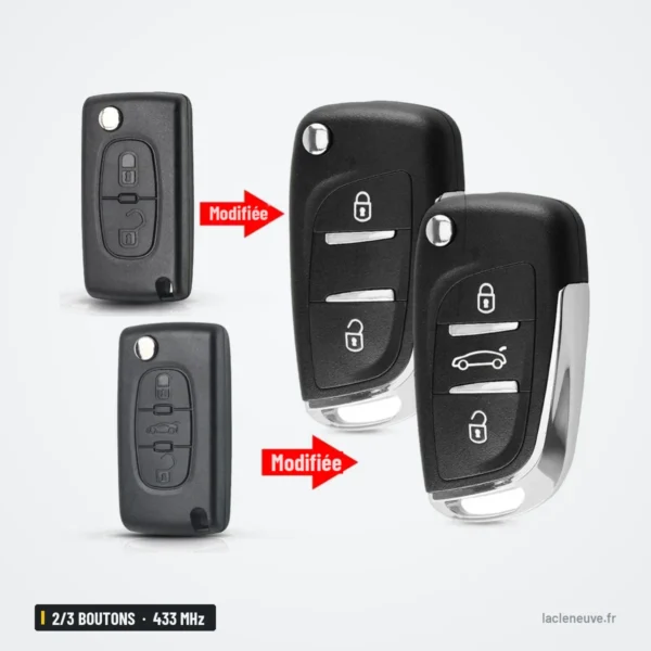 Clé pliante 2/3 boutons 433 MHz pour Citroën C2, C4, Peugeot 207, puce ID46 - quatre versions côte à côte, avant et après