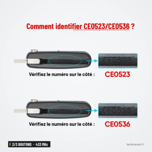 Clé pliante 2/3 boutons 433 MHz pour Citroën C2, C4, Peugeot 207, puce ID46 - gros plan sur la référence gravée