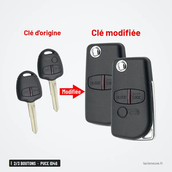 Clé pliante 2/3 boutons pour Mitsubishi Pajero, Triton, Lancer, puce ID46 - clé d'origine et clé modifiée côte à côte