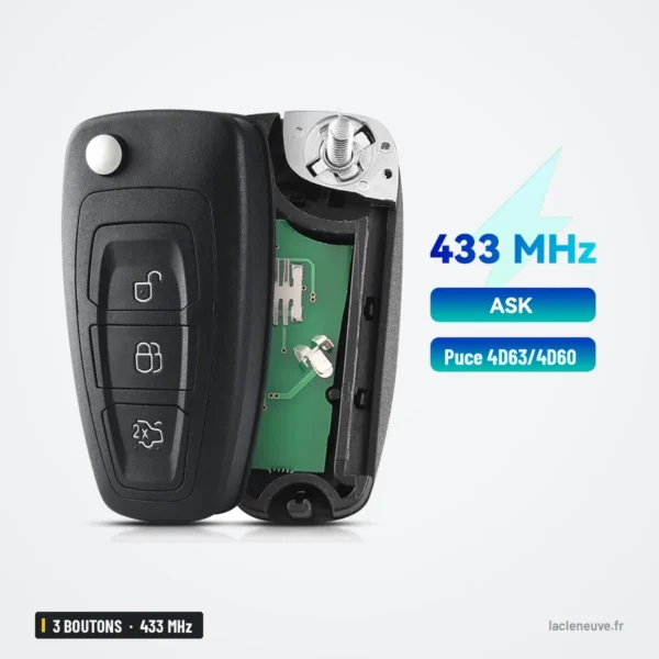 Clé pliante 3 boutons 433 MHz pour Ford Focus, Fiesta, Mondeo, puce 4D63 - intérieur ouvert, circuit imprimé visible
