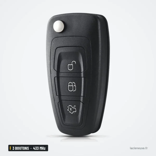 Clé pliante 3 boutons 433 MHz pour Ford Focus, Fiesta, Mondeo, puce 4D63 - vue de face, lame rentrée