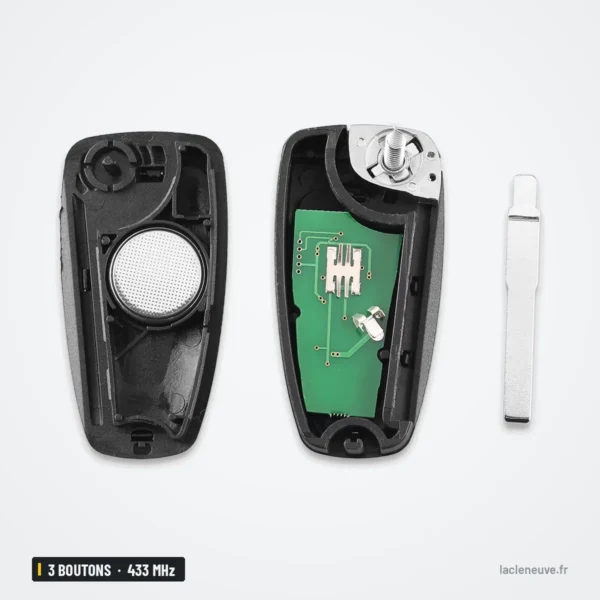 Clé pliante 3 boutons 433 MHz pour Ford Focus, Fiesta, Mondeo, puce 4D63 - coque démontée, pile et lame séparées
