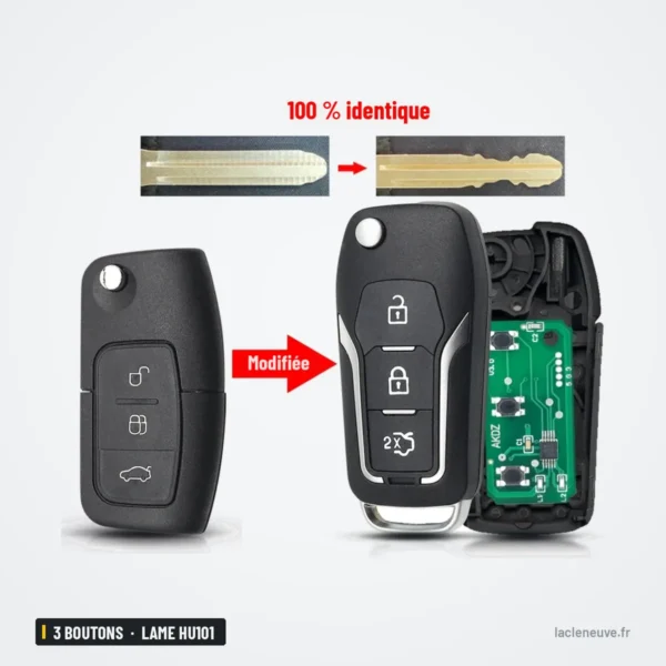 Clé pliante 3 boutons pour Ford Focus, Mondeo, Fiesta, Galaxy, lame HU101 - comparaison des lames avant et après