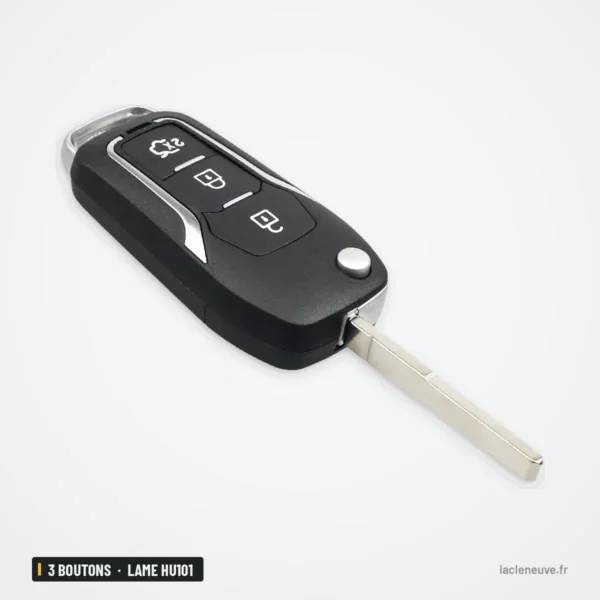 Clé pliante 3 boutons pour Ford Focus, Mondeo, Fiesta, Galaxy, lame HU101 - vue de face, boutons visibles, lame repliée