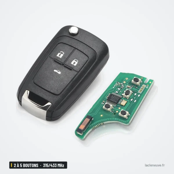 Clé pliante 315/433 MHz 2 à 5 boutons pour Opel Astra, Corsa, puce ID46 - vue de face avec circuit imprimé posé à côté