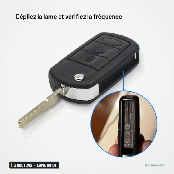 Clé pliante 315/433 MHz 3 boutons pour Land Rover, Range Rover, lame HU101 - détail agrandi de l'embout de la lame