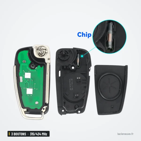 Clé pliante 315/434 MHz 3 boutons pour Audi A3, A4, TT, Q3, puce ID48 - coque ouverte, détail de la puce et pile