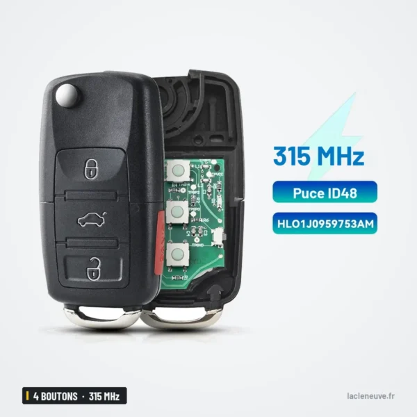Clé pliante 315 MHz 4 boutons pour Volkswagen Jetta, Passat, puce ID48 - clé dépliée de face avec données techniques