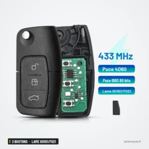 Clé pliante 433 MHz 3 boutons pour Ford Focus, Fiesta, lame HU101/FO21 - coque ouverte montrant le circuit interne
