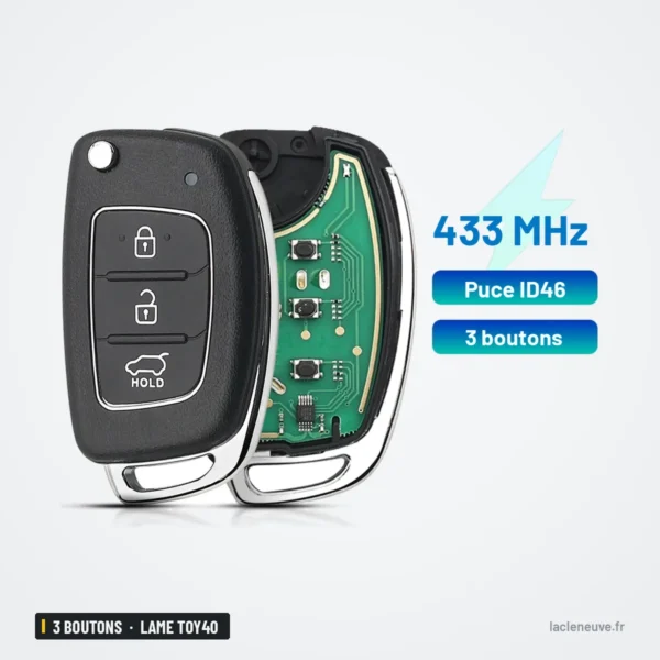 Clé pliante 433 MHz 3 boutons pour Hyundai Tucson, Santa Fe - boîtier ouvert avec circuit, à côté du boîtier fermé