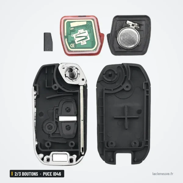 Clé pliante complète 2/3 boutons pour Mitsubishi Pajero, L200, puce ID46 - coque ouverte, circuit et pile à l'intérieur