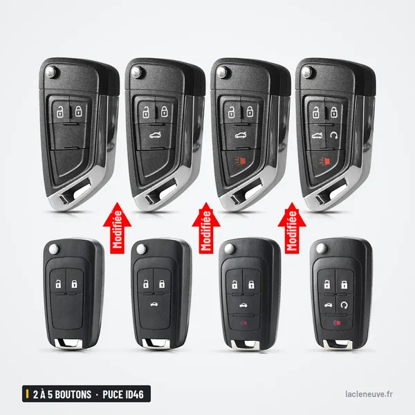 Clé pliante complète 2 à 5 boutons pour Opel Astra, Insignia - quatre coques différentes alignées, modifications indiquées