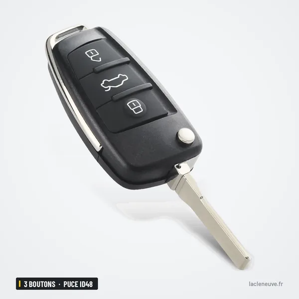 Clé pliante complète 3 boutons pour Audi A3, A4, Q3, TT, puce ID48 - vue de face, lame sortie, boutons visibles
