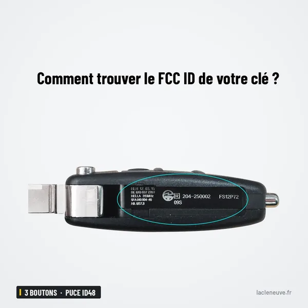 Clé pliante complète 3 boutons pour Audi A3, A4, Q3, TT, puce ID48 - zoom sur l'étiquette d'identification du boîtier