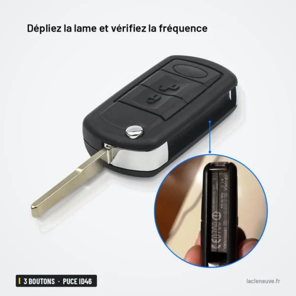 Clé pliante complète 3 boutons pour Land Rover Range Rover Vogue - détail zoomé sur la lame pour vérifier la fréquence
