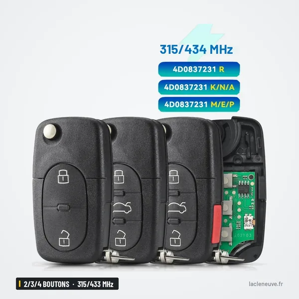 Clé pliante complète 315/433 MHz 2/3/4 boutons pour Audi A4, A6, TT, puce ID48 - trois versions de clé et circuit imprimé