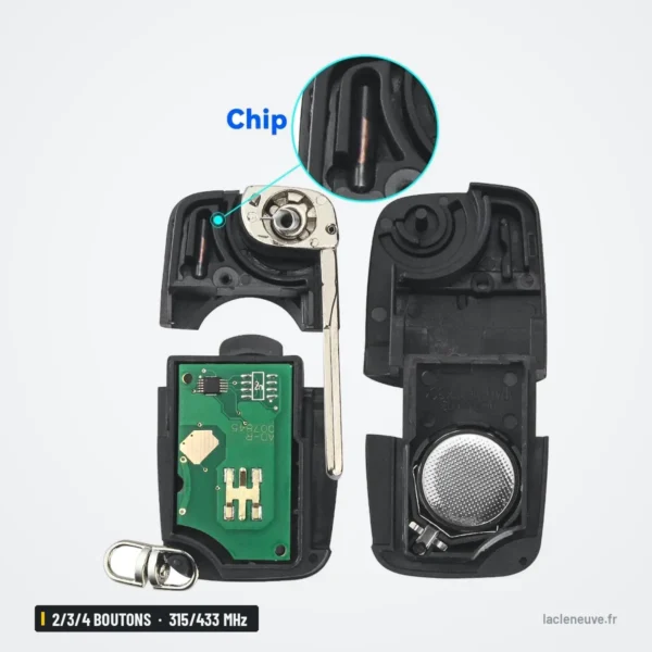 Clé pliante complète 315/433 MHz 2/3/4 boutons pour Audi A4, A6, TT, puce ID48 - mécanisme interne et emplacement de la pile
