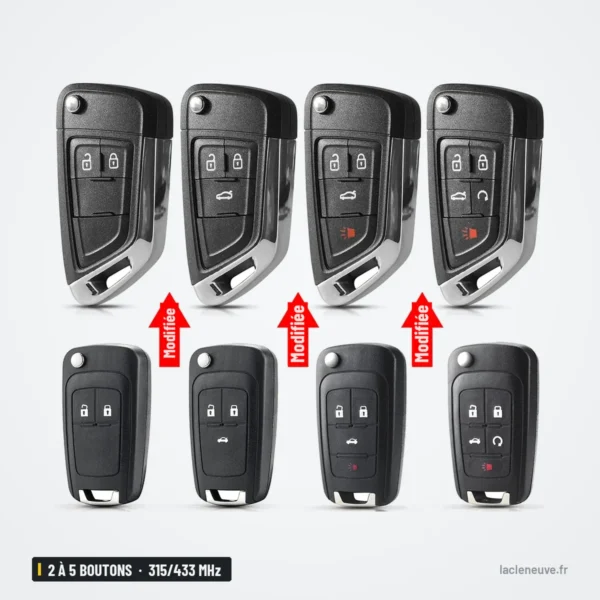 Clé pliante complète 315/433 MHz 2 à 5 boutons pour Opel Astra J, Zafira - quatre coques à boutons différents alignées