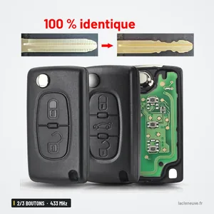 Clé pliante complète 433 MHz 2/3 boutons pour Citroën C3, C4, Peugeot 207, 307 - lame comparée avant et après, coque ouverte