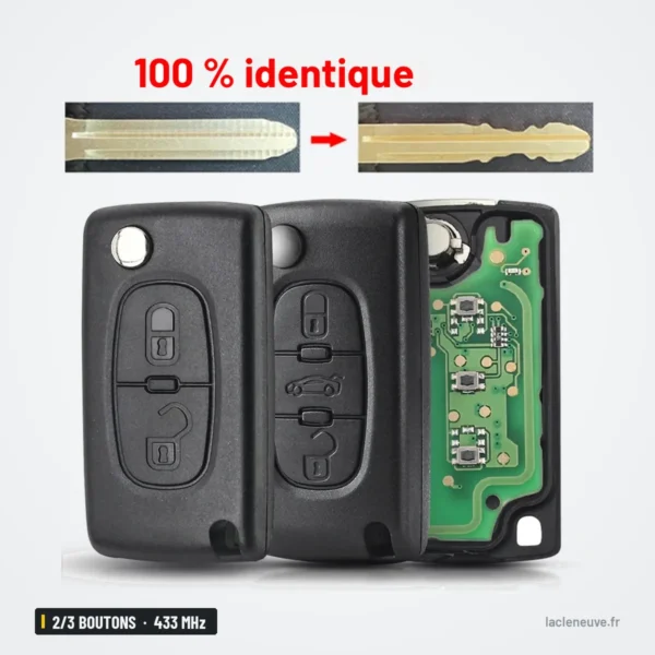 Clé pliante complète 433 MHz 2/3 boutons pour Citroën C3, C4, Peugeot 207, 307 - lame comparée avant et après, coque ouverte