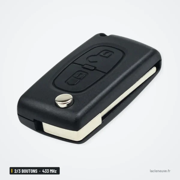 Clé pliante complète 433 MHz 2/3 boutons pour Citroën C3, C4, Peugeot 207, 307 - vue de face, deux boutons visibles