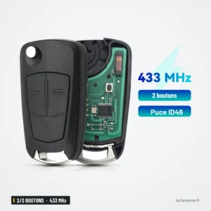 Clé pliante complète 433 MHz 2/3 boutons pour Opel Astra H, Zafira B, Corsa D - vue d'ensemble avec circuit imprimé apparent