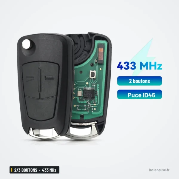 Clé pliante complète 433 MHz 2/3 boutons pour Opel Astra H, Zafira B, Corsa D - vue d'ensemble avec circuit imprimé apparent