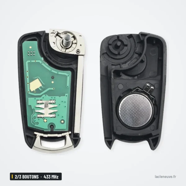 Clé pliante complète 433 MHz 2/3 boutons pour Opel Astra H, Zafira B, Corsa D - intérieur ouvert, circuit et emplacement pile