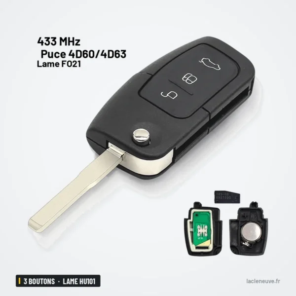 Clé pliante complète 433 MHz 3 boutons pour Ford Fusion, Focus, lame HU101 - clé avec lame dépliée et puce