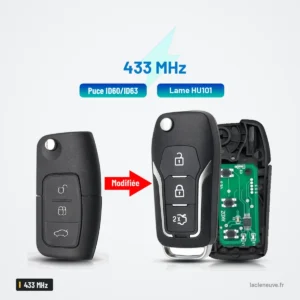 Clé pliante complète 433 MHz pour Ford Focus, Mondeo, puce 4D63/4D60 - clé pliante transformée, lame et puce visibles Clé pliante complète 433 MHz pour Ford Focus, Mondeo, puce 4D63/4D60 - clé pliante transformée, lame et puce visibles