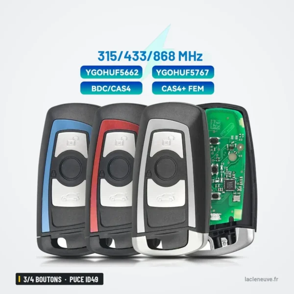 Clé de proximité 3/4 boutons pour BMW Série 1, 3, 5, 7, puce ID49 - trois coloris côte à côte avec étiquette technique
