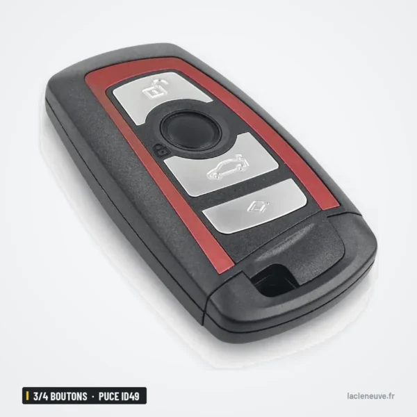Clé de proximité 3/4 boutons pour BMW Série 1, 3, 5, 7, puce ID49 - vue de face sous un autre angle, liseré rouge