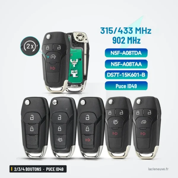 Clé télécommande 2/3/4 boutons pour Ford F150, Ranger, Mondeo, puce ID49 - plusieurs clés avec tableau de compatibilité