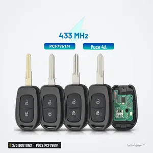 Clé télécommande 2/3 boutons pour Dacia Duster, Logan, Sandero, puce PCF7961M - quatre clés alignées avec circuit visible