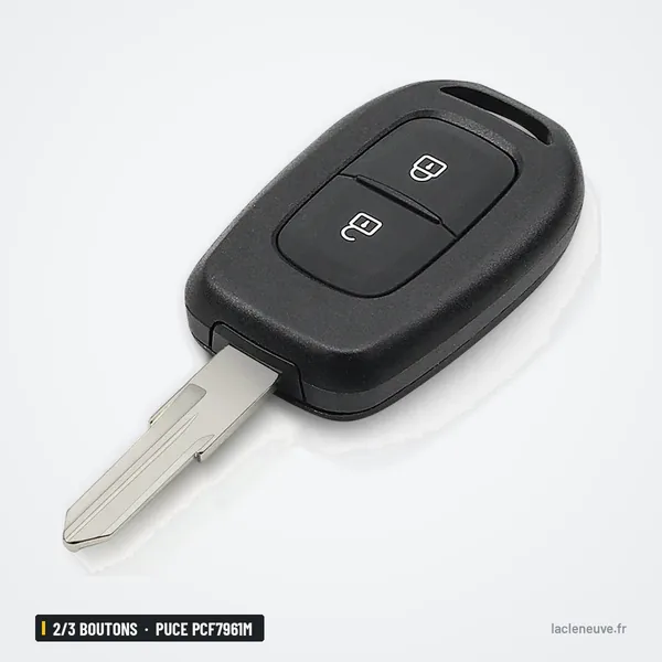 Clé télécommande 2/3 boutons pour Dacia Duster, Logan, Sandero, puce PCF7961M - vue de face légèrement inclinée