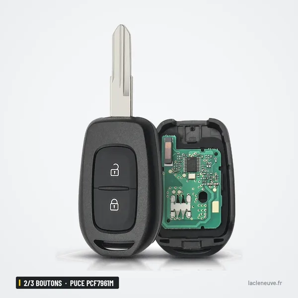 Clé télécommande 2/3 boutons pour Dacia Duster, Logan, Sandero, puce PCF7961M - coque ouverte, circuit et pile visibles