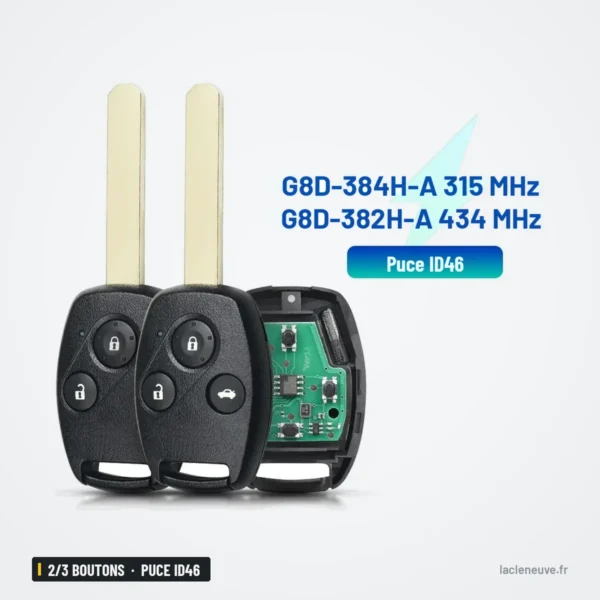 Clé télécommande 2/3 boutons pour Honda CR-V, HR-V, Civic, Accord, puce ID46 - deux clés à lame fixe côte à côte