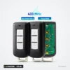 Clé télécommande 2/3 boutons pour Mitsubishi ASX, Outlander, Lancer - trois télécommandes alignées, étiquette de fréquence