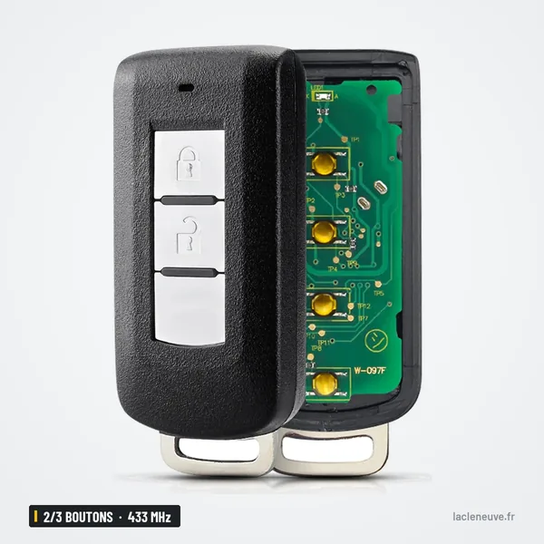 Clé télécommande 2/3 boutons pour Mitsubishi ASX, Outlander, Lancer - coque ouverte, circuit vert et boutons métallisés