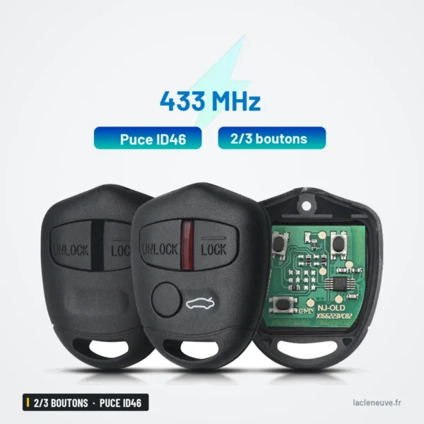 Clé télécommande 2/3 boutons pour Mitsubishi Pajero, Outlander, ASX, puce ID46 - deux télécommandes côte à côte, vue de face