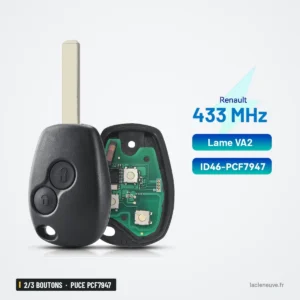 Clé télécommande 2/3 boutons pour Renault Clio 3, Dacia Logan, puce PCF7947 - boîtier ouvert avec lame et circuit visible Clé télécommande 2/3 boutons pour Renault Clio 3, Dacia Logan, puce PCF7947 - boîtier ouvert avec lame et circuit visible