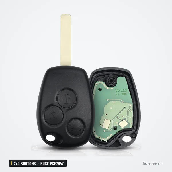 Clé télécommande 2/3 boutons pour Renault Clio 3, Dacia Logan, puce PCF7947 - clé avec lame, boîtier ouvert sur le circuit