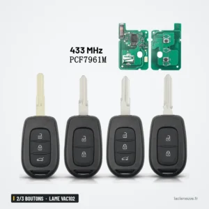 Clé télécommande 2/3 boutons pour Renault Clio, Dacia Duster, lame VAC102 - quatre clés alignées, circuits imprimés au-dessus Clé télécommande 2/3 boutons pour Renault Clio, Dacia Duster, lame VAC102 - quatre clés alignées, circuits imprimés au-dessus
