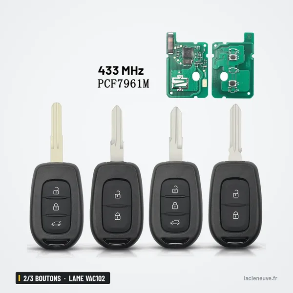 Clé télécommande 2/3 boutons pour Renault Clio, Dacia Duster, lame VAC102 - quatre clés alignées, circuits imprimés au-dessus