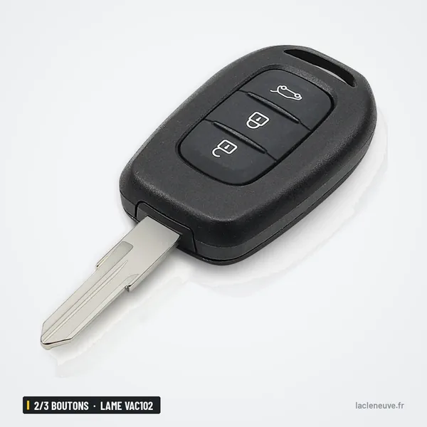 Clé télécommande 2/3 boutons pour Renault Clio, Dacia Duster, lame VAC102 - vue de face, trois boutons